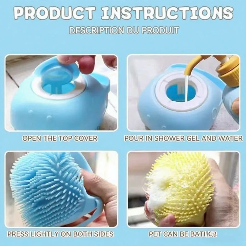 Silicone Pet Bath Brush – Massage & Grooming Brush with Shampoo Storage