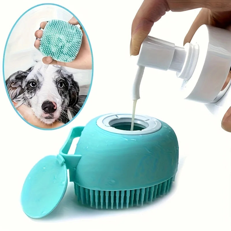 Silicone Pet Bath Brush – Massage & Grooming Brush with Shampoo Storage