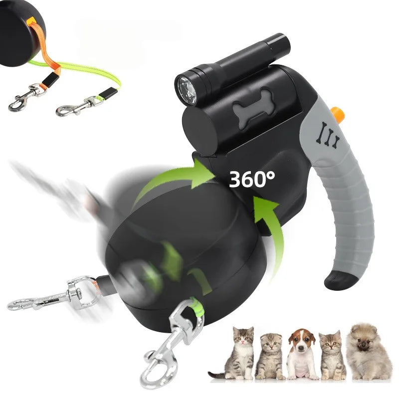 Dual Dog Retractable Leash – 3M Double-Headed Lead with LED Light