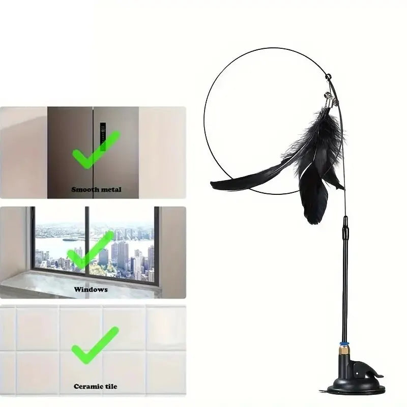 Interactive Cat Teaser Wand – Bell & Feather Toy with Suction Cup