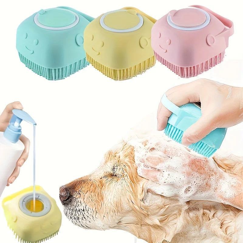 Silicone Pet Bath Brush – Massage & Grooming Brush with Shampoo Storage